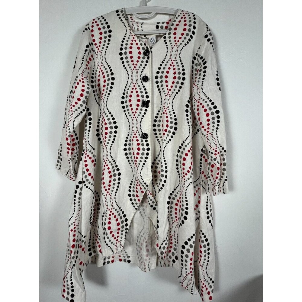 M Square Womens Tunic Top Linen Long Sleeve Button Down Asymmetric Dots One Size